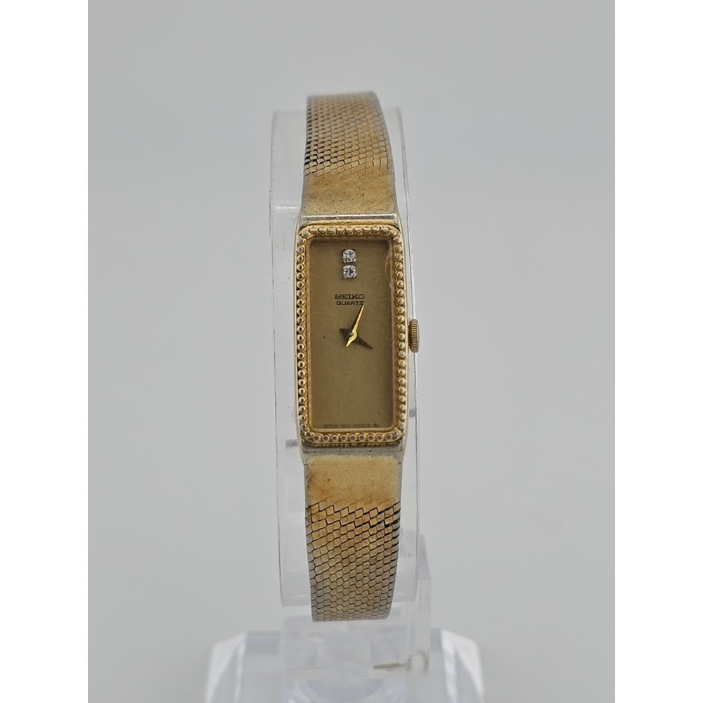 Seiko Tank Watch Women 12mm Gold Dial Gold Tone Rectangle 1320-5289 New Battery